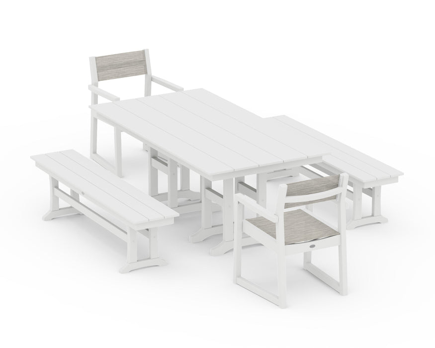 POLYWOOD® EDGE Sling Arm Chair 5-Piece Farmhouse Dining Set with Benches