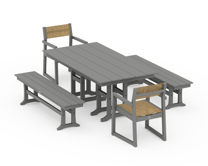 POLYWOOD® EDGE Sling Arm Chair 5-Piece Farmhouse Dining Set with Benches