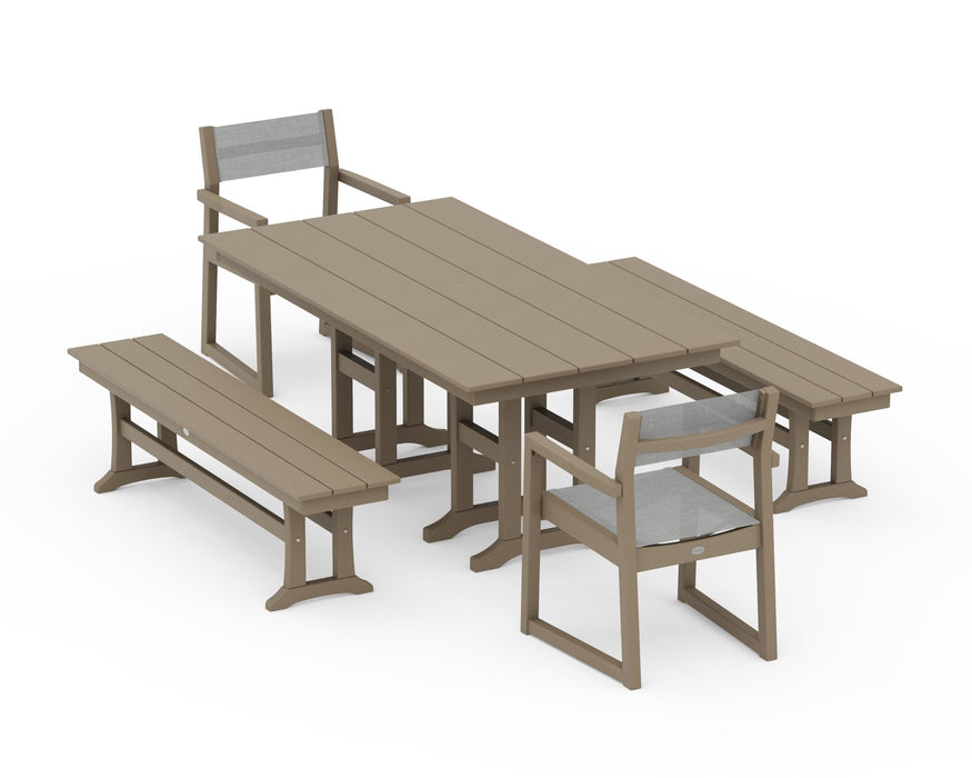 POLYWOOD® EDGE Sling Arm Chair 5-Piece Farmhouse Dining Set with Benches