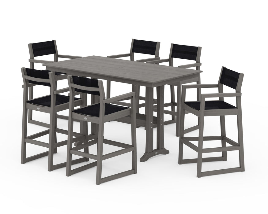 POLYWOOD® EDGE Sling Arm Chair 7-Piece Farmhouse Bar Set with Trestle Legs