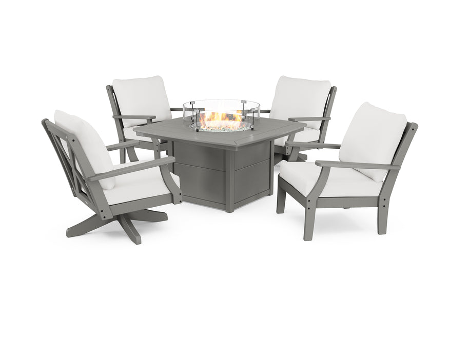 POLYWOOD Braxton 5-Piece Deep Seating Set with Fire Table in Slate Grey / Natural Linen
