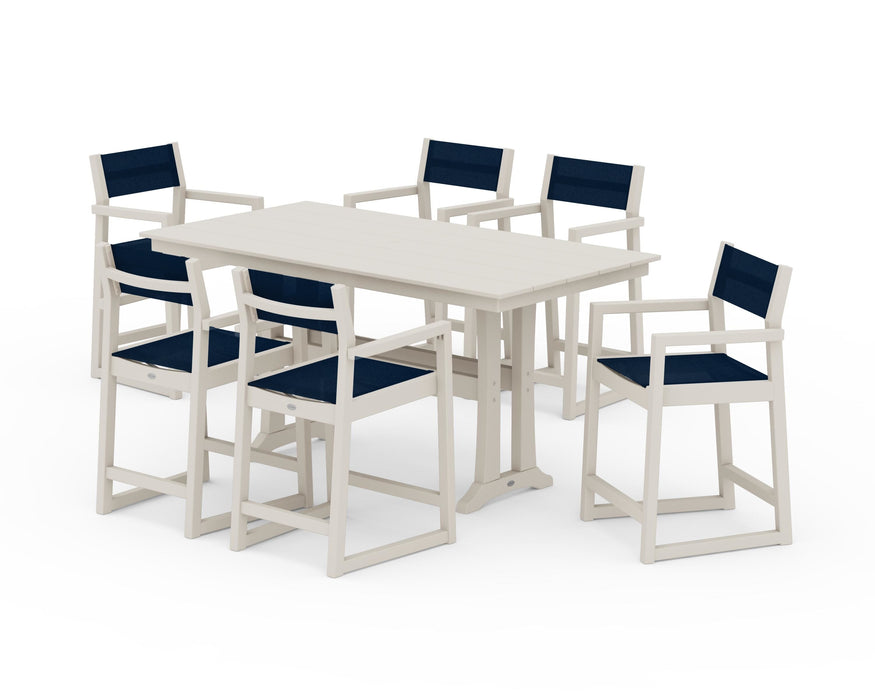 POLYWOOD® EDGE Sling Arm Chair 7-Piece Farmhouse Counter Set with Trestle Legs