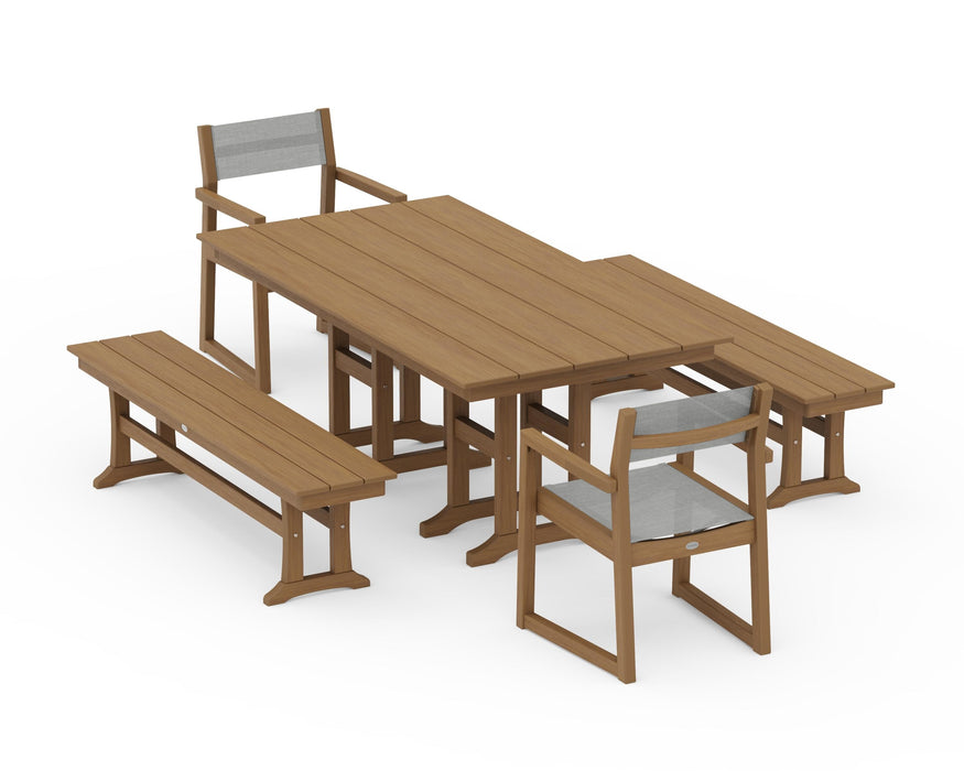 POLYWOOD® EDGE Sling Arm Chair 5-Piece Farmhouse Dining Set with Benches