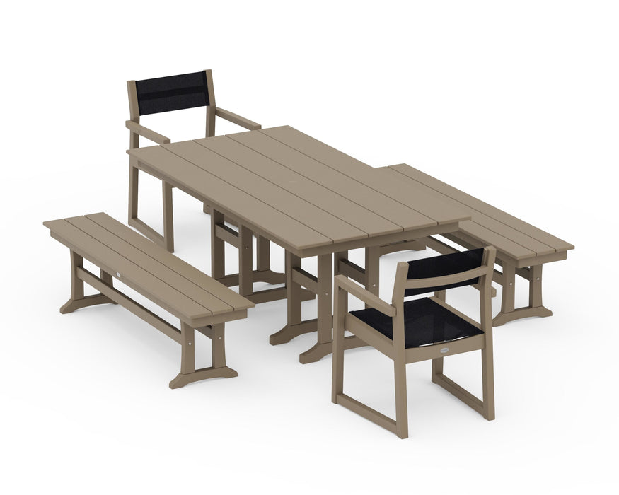 POLYWOOD® EDGE Sling Arm Chair 5-Piece Farmhouse Dining Set with Benches
