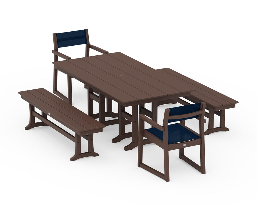 POLYWOOD® EDGE Sling Arm Chair 5-Piece Farmhouse Dining Set with Benches