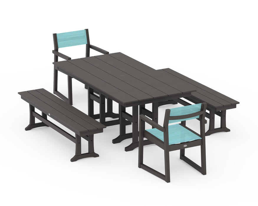 POLYWOOD® EDGE Sling Arm Chair 5-Piece Farmhouse Dining Set with Benches