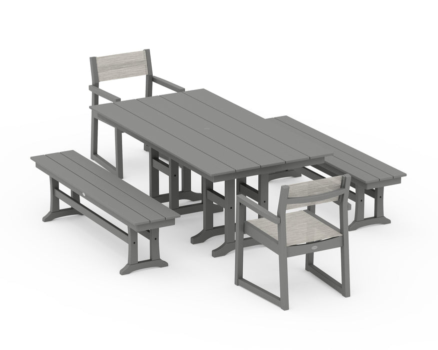 POLYWOOD® EDGE Sling Arm Chair 5-Piece Farmhouse Dining Set with Benches
