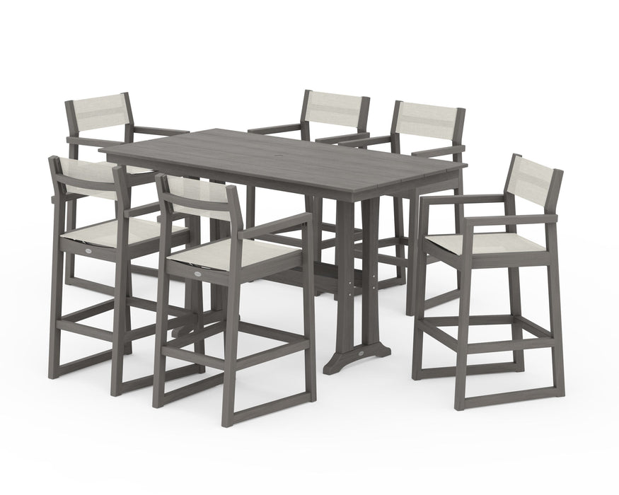 POLYWOOD® EDGE Sling Arm Chair 7-Piece Farmhouse Bar Set with Trestle Legs