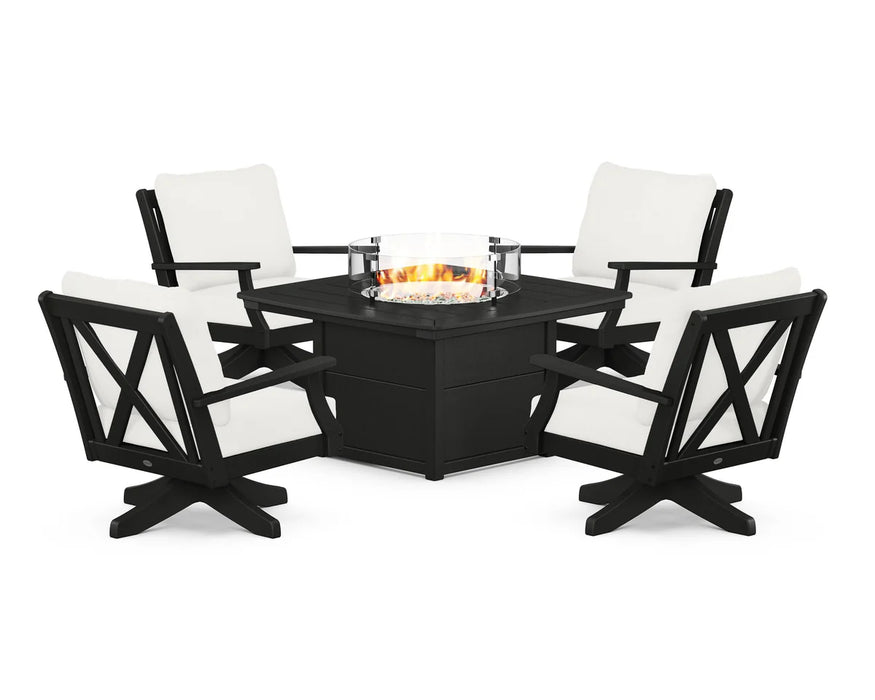 POLYWOOD Braxton 5-Piece Deep Seating Swivel Conversation Set with Fire Pit Table