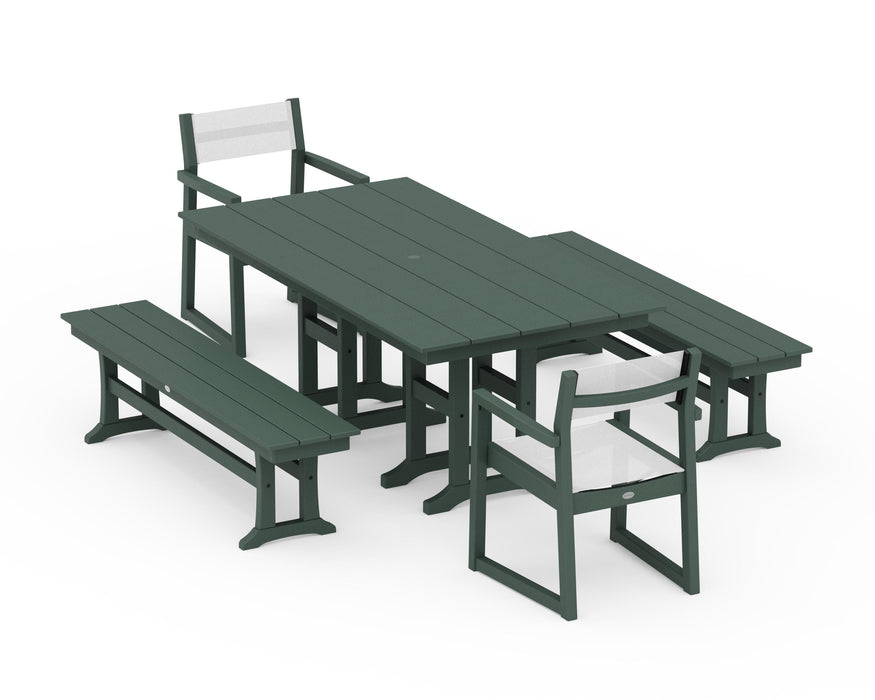 POLYWOOD® EDGE Sling Arm Chair 5-Piece Farmhouse Dining Set with Benches