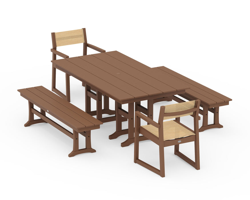 POLYWOOD® EDGE Sling Arm Chair 5-Piece Farmhouse Dining Set with Benches