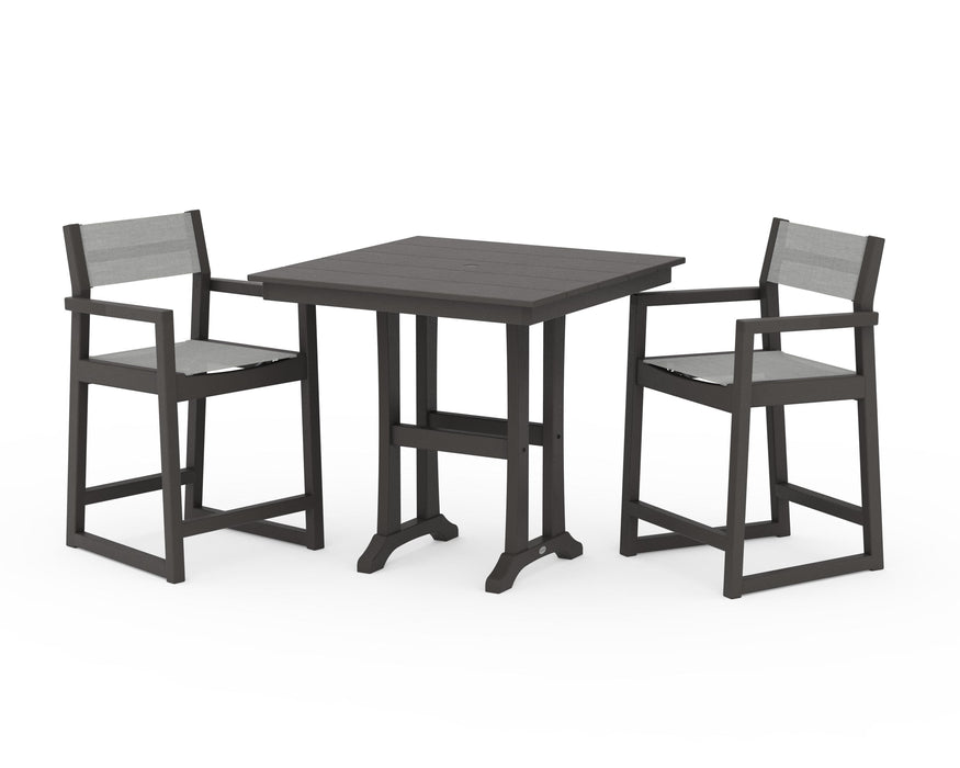 POLYWOOD® EDGE Sling Arm Chair 3-Piece Farmhouse Counter Set with Trestle Legs