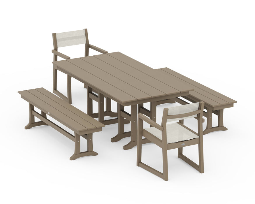 POLYWOOD® EDGE Sling Arm Chair 5-Piece Farmhouse Dining Set with Benches