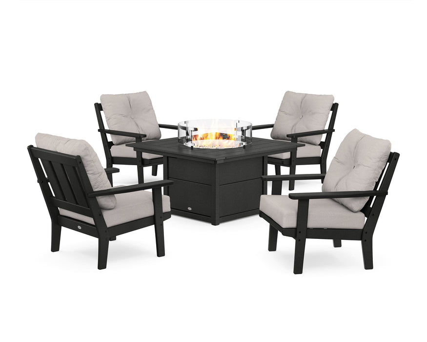 POLYWOOD Oxford 5-Piece Deep Seating Set with Fire Pit Table in Black / Dune Burlap