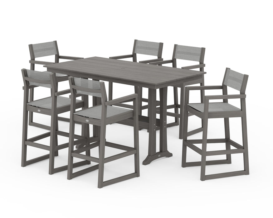 POLYWOOD® EDGE Sling Arm Chair 7-Piece Farmhouse Bar Set with Trestle Legs