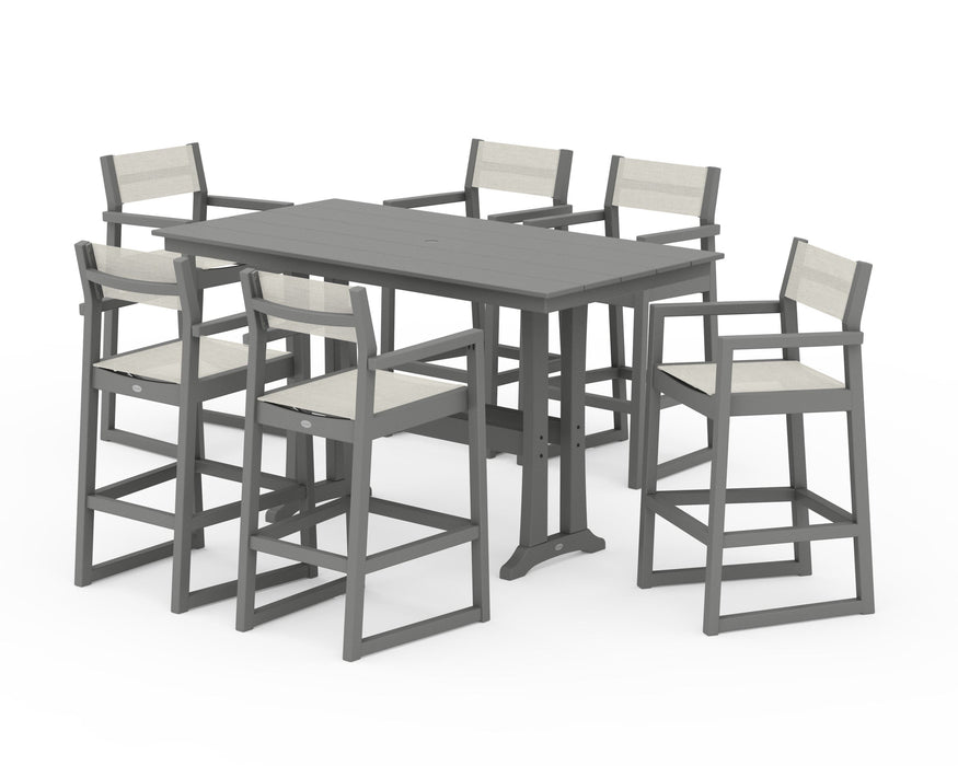 POLYWOOD® EDGE Sling Arm Chair 7-Piece Farmhouse Bar Set with Trestle Legs