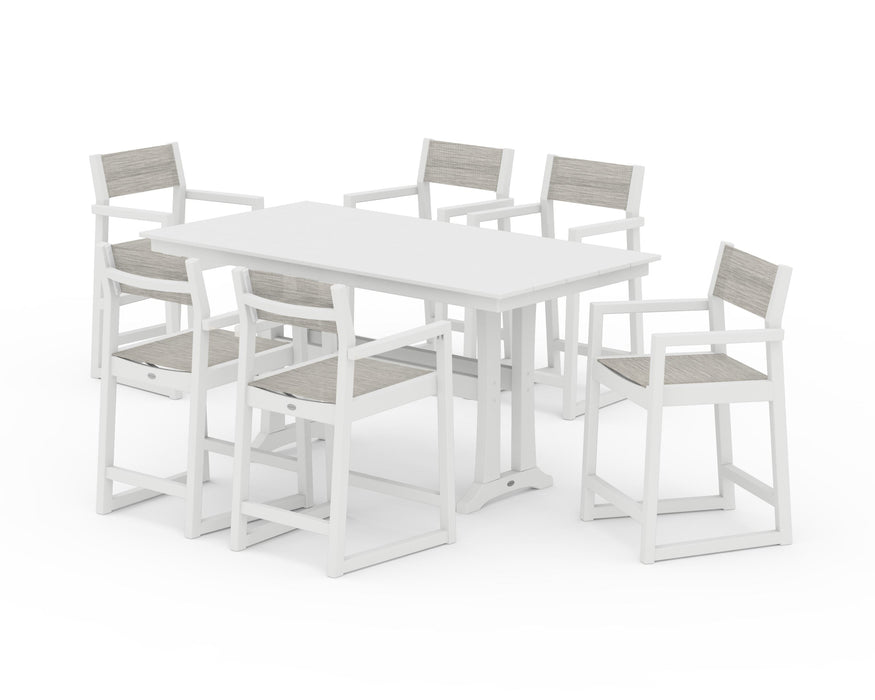 POLYWOOD® EDGE Sling Arm Chair 7-Piece Farmhouse Counter Set with Trestle Legs