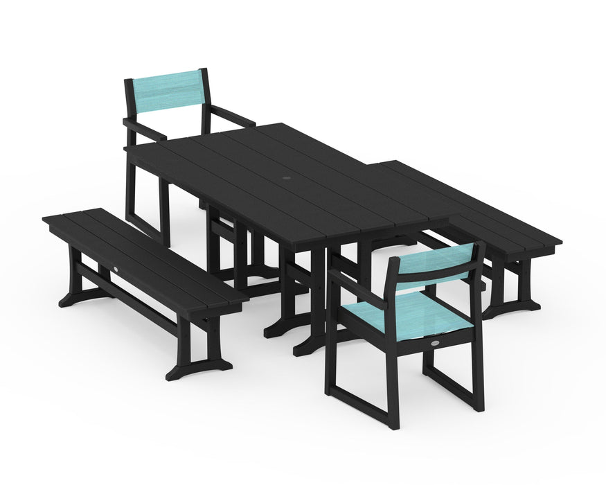 POLYWOOD® EDGE Sling Arm Chair 5-Piece Farmhouse Dining Set with Benches