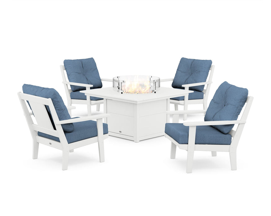 POLYWOOD Prairie 5-Piece Deep Seating Set with Fire Pit Table in White / Sky Blue