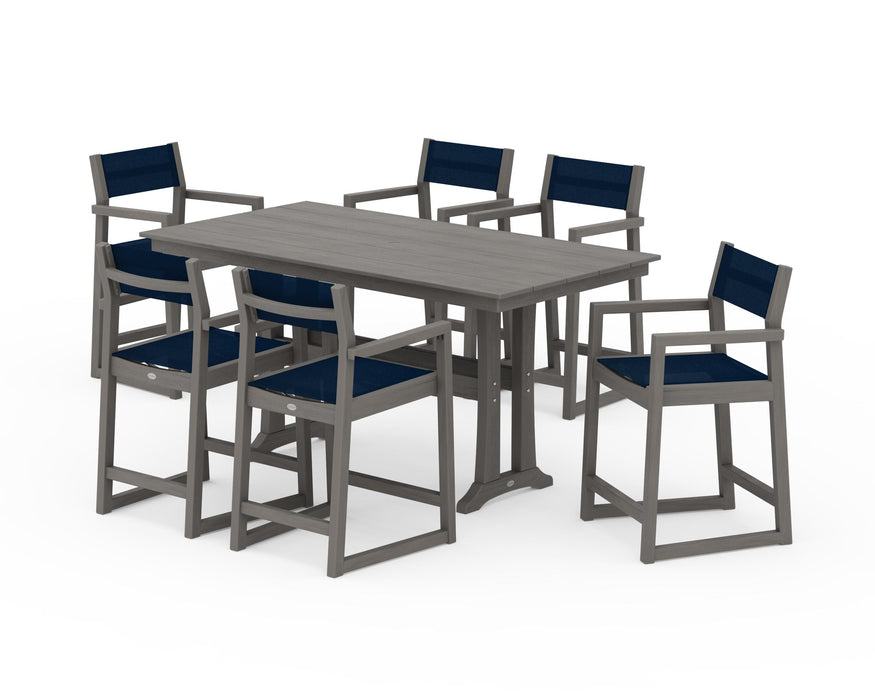 POLYWOOD® EDGE Sling Arm Chair 7-Piece Farmhouse Counter Set with Trestle Legs