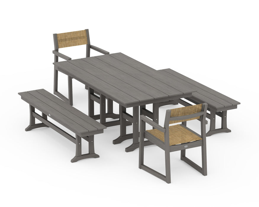POLYWOOD® EDGE Sling Arm Chair 5-Piece Farmhouse Dining Set with Benches