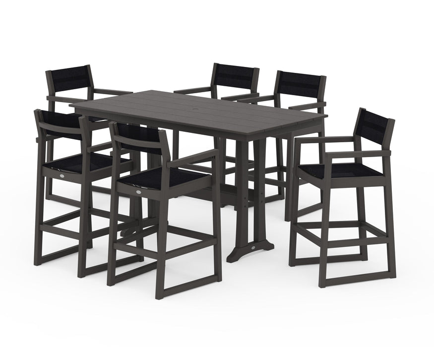 POLYWOOD® EDGE Sling Arm Chair 7-Piece Farmhouse Bar Set with Trestle Legs