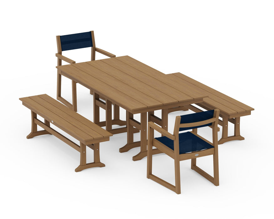 POLYWOOD® EDGE Sling Arm Chair 5-Piece Farmhouse Dining Set with Benches