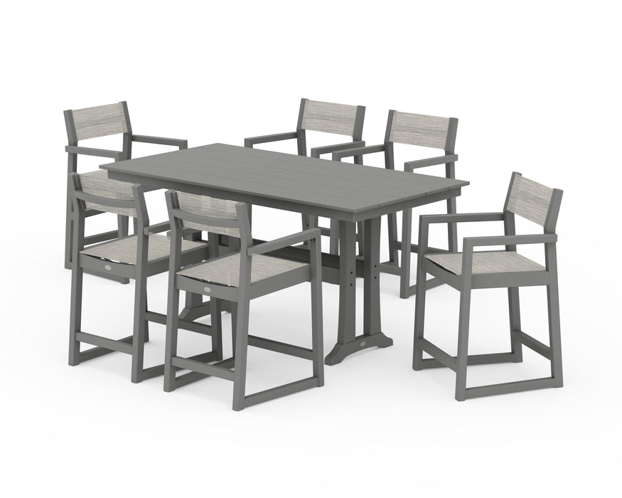 POLYWOOD® EDGE Sling Arm Chair 7-Piece Farmhouse Counter Set with Trestle Legs