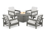 POLYWOOD Club 5-Piece Conversation Set with Fire Pit Table in Slate Grey / Natural Linen