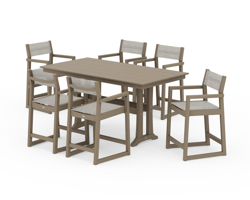 POLYWOOD® EDGE Sling Arm Chair 7-Piece Farmhouse Counter Set with Trestle Legs