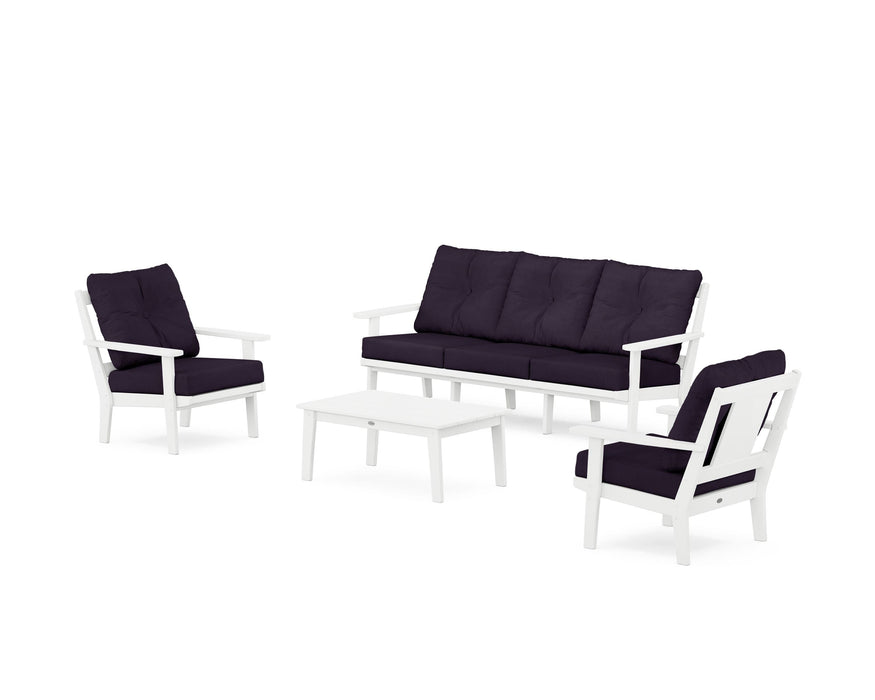 POLYWOOD Prairie 4-Piece Deep Seating Set with Sofa in White / Navy Linen