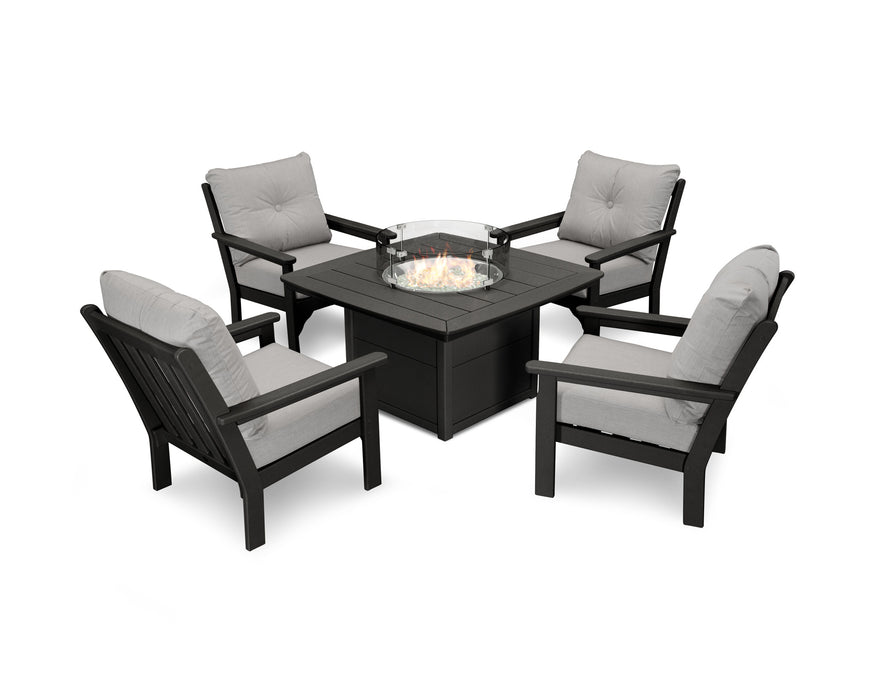 POLYWOOD Vineyard 5-Piece Conversation Set with Fire Pit Table in Teak with Dune Burlap fabric