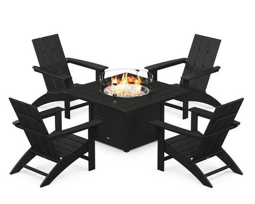 POLYWOOD Modern 5-Piece Adirondack Chair Conversation Set with Fire Pit Table in Black