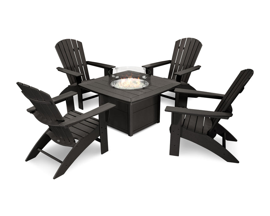 POLYWOOD Nautical Curveback Adirondack 5-Piece Conversation Set with Fire Table in Black