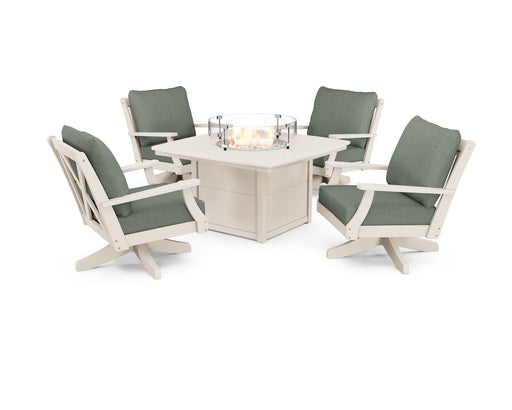 POLYWOOD Braxton 5-Piece Deep Seating Swivel Conversation Set with Fire Pit Table in Sand with Cast Sage fabric