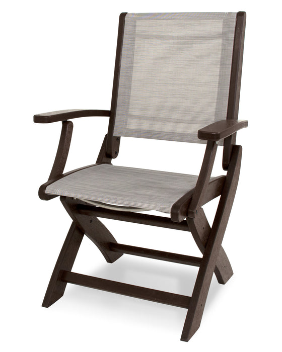 POLYWOOD Coastal Folding Chair in Mahogany with Metallic fabric