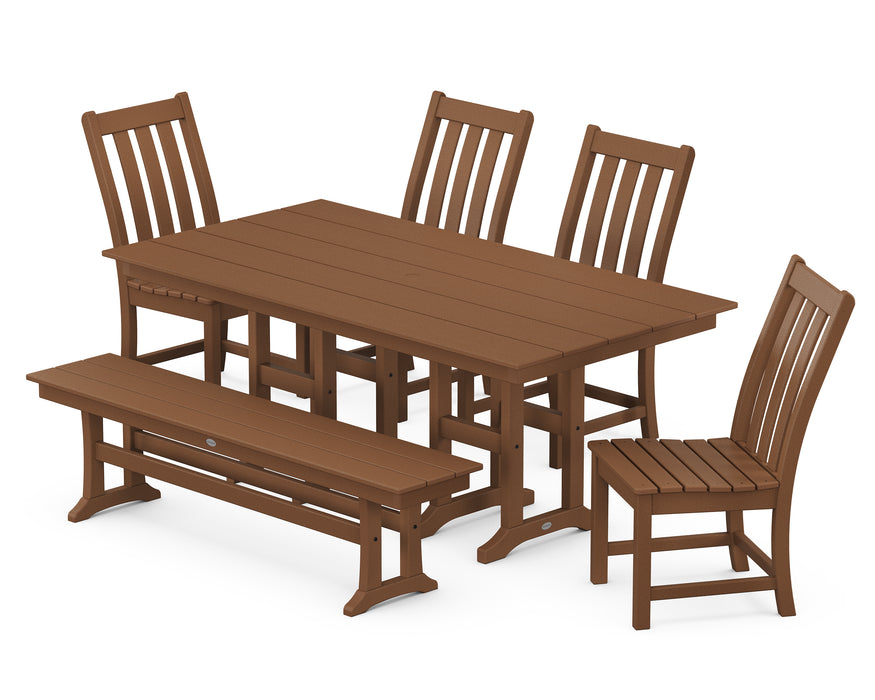 POLYWOOD Vineyard 6-Piece Farmhouse Trestle Side Chair Dining Set with Bench in Teak