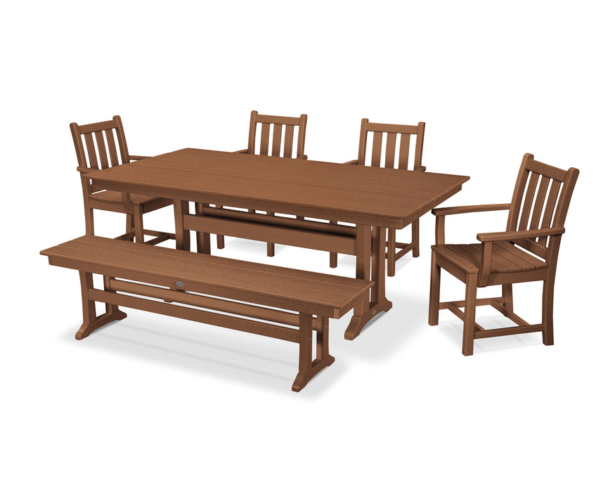 POLYWOOD Traditional Garden 6-Piece Farmhouse Trestle Dining Set with Bench in Teak