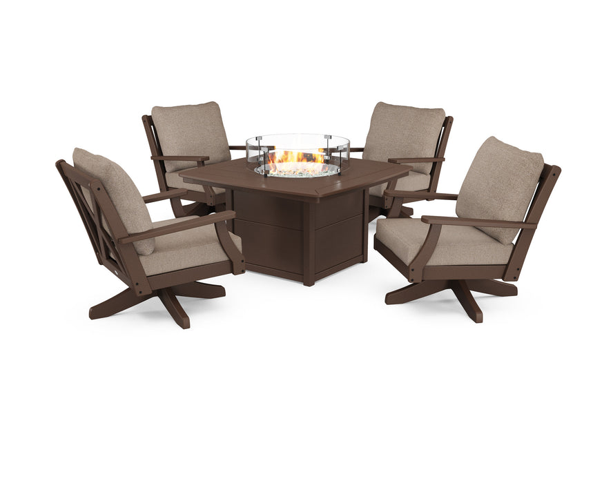 POLYWOOD Braxton 5-Piece Deep Seating Swivel Conversation Set with Fire Pit Table in Vintage Sahara with Weathered Tweed fabric