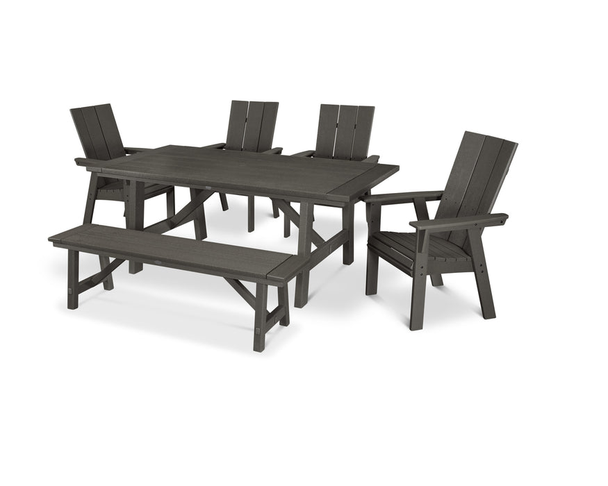 POLYWOOD Modern Curveback Adirondack 6-Piece Rustic Farmhouse Dining Set with Bench in Vintage Coffee