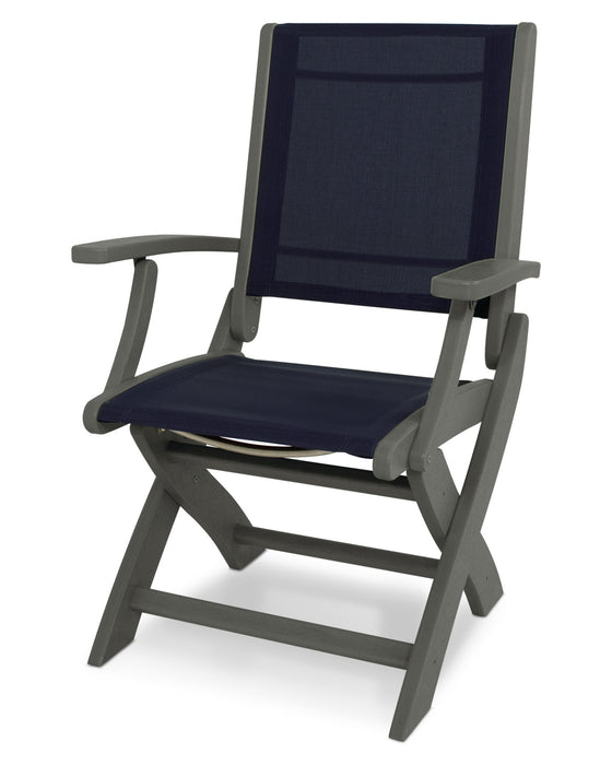 POLYWOOD Coastal Folding Chair in Slate Grey with Navy 2 fabric
