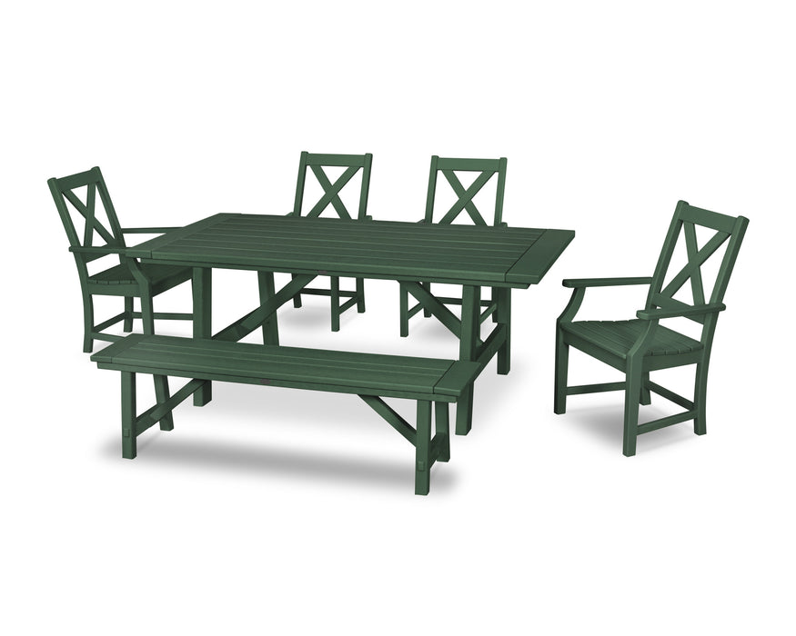 POLYWOOD Braxton 6-Piece Rustic Farmhouse Arm Chair Dining Set with Bench in Green