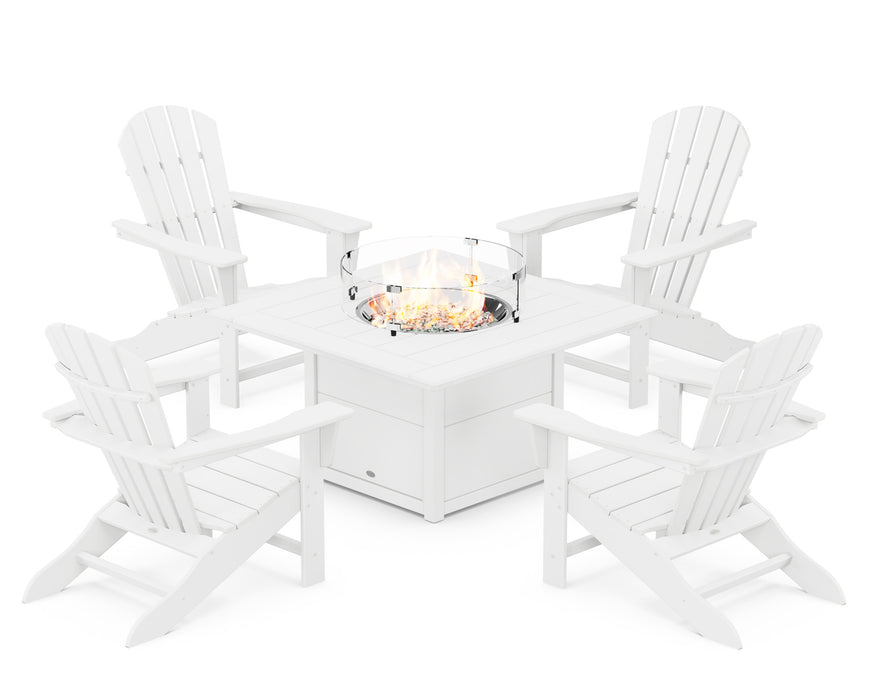POLYWOOD Palm Coast 5-Piece Adirondack Chair Conversation Set with Fire Pit Table in White