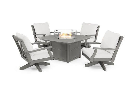 POLYWOOD Braxton 5-Piece Deep Seating Swivel Conversation Set with Fire Pit Table in Slate Grey with Natural Linen fabric