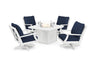 POLYWOOD Braxton 5-Piece Deep Seating Swivel Conversation Set with Fire Pit Table in Vintage White with Marine Indigo fabric