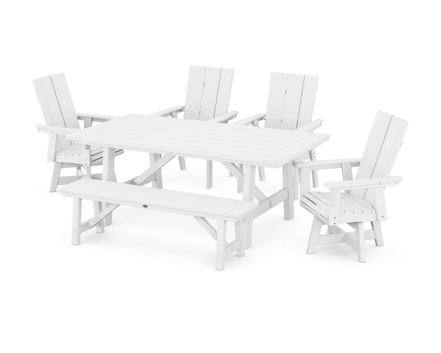 POLYWOOD Modern Curveback Adirondack 6-Piece Rustic Farmhouse Swivel Dining Set with Bench in White