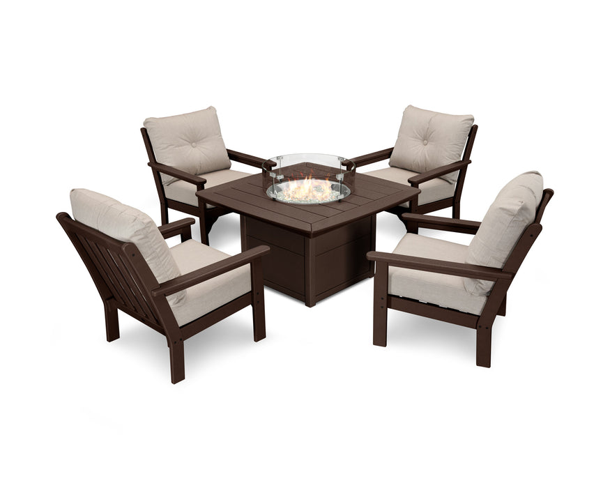POLYWOOD Vineyard 5-Piece Conversation Set with Fire Pit Table in Green with Sesame fabric