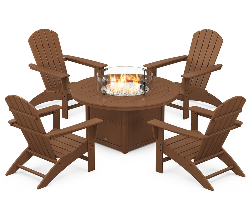 POLYWOOD Nautical 5-Piece Adirondack Chair Conversation Set with Fire Pit Table in Teak