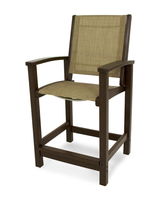 POLYWOOD Coastal Counter Chair in Mahogany with Burlap fabric