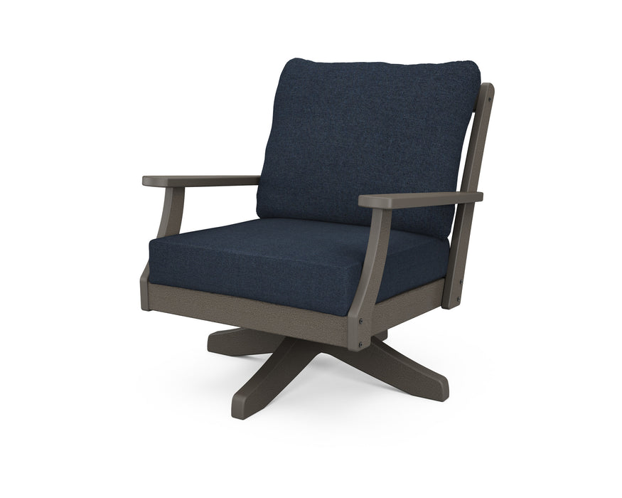 POLYWOOD Braxton Deep Seating Swivel Chair in Vintage Coffee with Marine Indigo fabric